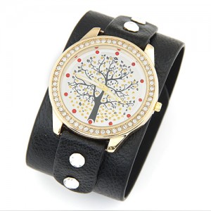 Rhinestone Embellished Lucky Tree Face Wide Style Leather Wrist Watch - Black