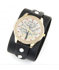 Rhinestone Embellished Lucky Tree Face Wide Style Leather Wrist Watch - Black