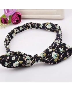 Korean Fashion Floral Spots Prints Bunny Ears Cloth Hair Hoop - Black Flower