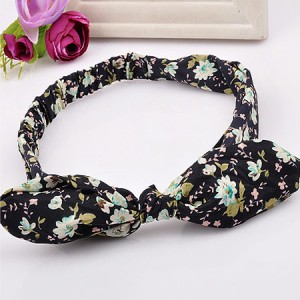 Korean Fashion Floral Spots Prints Bunny Ears Cloth Hair Hoop - Black Flower