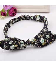 Korean Fashion Floral Spots Prints Bunny Ears Cloth Hair Hoop - Black Flower