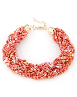 Bohemian Fashion Golden Color Embellished Mini Beads Bracelet - Pink