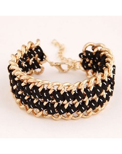 Multiple Layers Metallic Chains and Cloth Weaving Design Bracelet - Black
