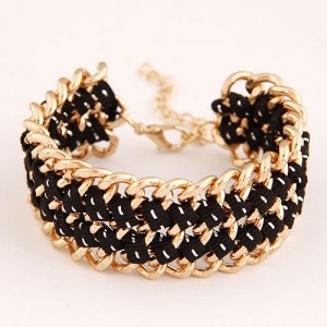 Multiple Layers Metallic Chains and Cloth Weaving Design Bracelet - Black