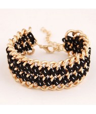 Multiple Layers Metallic Chains and Cloth Weaving Design Bracelet - Black
