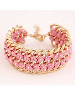 Multiple Layers Metallic Chains and Cloth Weaving Design Bracelet - Pink
