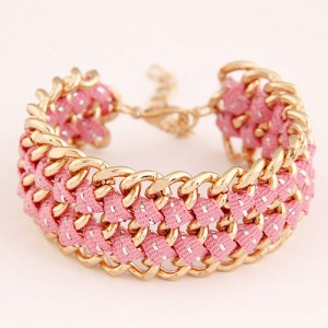 Multiple Layers Metallic Chains and Cloth Weaving Design Bracelet - Pink