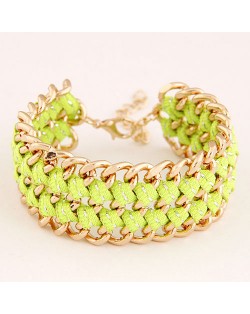 Multiple Layers Metallic Chains and Cloth Weaving Design Bracelet - Green