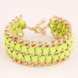 Multiple Layers Metallic Chains and Cloth Weaving Design Bracelet - Green