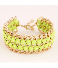 Multiple Layers Metallic Chains and Cloth Weaving Design Bracelet - Green