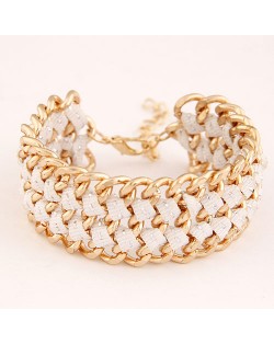 Multiple Layers Metallic Chains and Cloth Weaving Design Bracelet - White