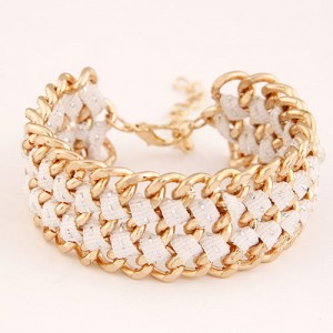 Multiple Layers Metallic Chains and Cloth Weaving Design Bracelet - White