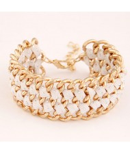 Multiple Layers Metallic Chains and Cloth Weaving Design Bracelet - White