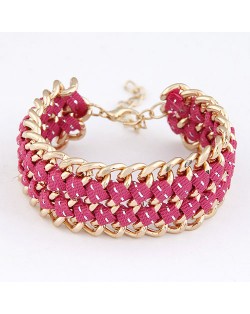 Multiple Layers Metallic Chains and Cloth Weaving Design Bracelet - Fuchsia