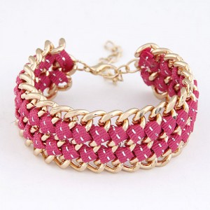 Multiple Layers Metallic Chains and Cloth Weaving Design Bracelet - Fuchsia