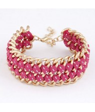 Multiple Layers Metallic Chains and Cloth Weaving Design Bracelet - Fuchsia