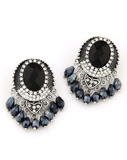 Baroque Fashion Rhinestone Embellished Waterdrop Tassels Earrings - BlacK