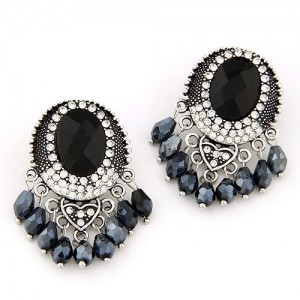 Baroque Fashion Rhinestone Embellished Waterdrop Tassels Earrings - BlacK