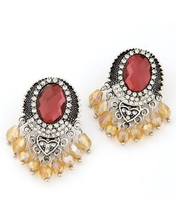 Baroque Fashion Rhinestone Embellished Waterdrop Tassels Earrings - Red