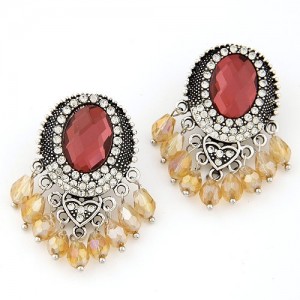 Baroque Fashion Rhinestone Embellished Waterdrop Tassels Earrings - Red