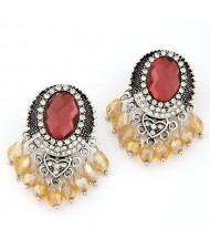 Baroque Fashion Rhinestone Embellished Waterdrop Tassels Earrings - Red
