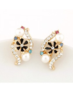 Korean Fashion Czech Rhinestone Embellished with Oil-spot Glazed Inlaid Spiral Design Earrings - Black