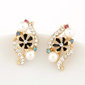 Korean Fashion Czech Rhinestone Embellished with Oil-spot Glazed Inlaid Spiral Design Earrings - Black