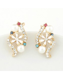 Korean Fashion Czech Rhinestone Embellished with Oil-spot Glazed Inlaid Spiral Design Earrings - White