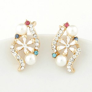 Korean Fashion Czech Rhinestone Embellished with Oil-spot Glazed Inlaid Spiral Design Earrings - White