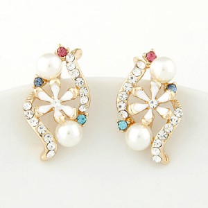 Korean Fashion Czech Rhinestone Embellished with Oil-spot Glazed Inlaid Spiral Design Earrings - White