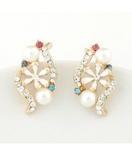 Korean Fashion Czech Rhinestone Embellished with Oil-spot Glazed Inlaid Spiral Design Earrings - White