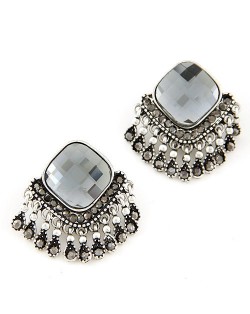 Square Gem Style Tassels Ear Studs - Gray