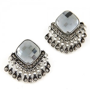 Square Gem Style Tassels Ear Studs - Gray
