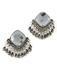 Square Gem Style Tassels Ear Studs - Gray
