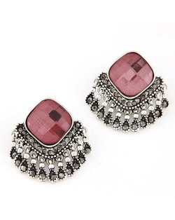 Square Gem Style Tassels Ear Studs - Red