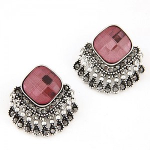 Square Gem Style Tassels Ear Studs - Red
