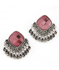 Square Gem Style Tassels Ear Studs - Red