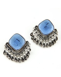 Square Gem Style Tassels Ear Studs - Blue