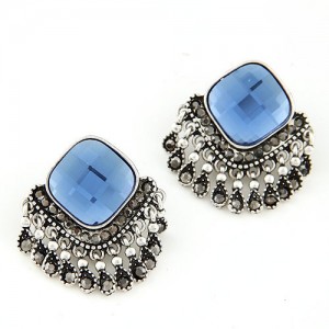 Square Gem Style Tassels Ear Studs - Blue