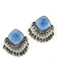 Square Gem Style Tassels Ear Studs - Blue