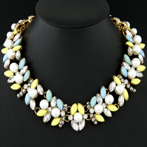 Rhinestone and Pearl Embellished Burgeen Costume Necklace - Blue and Yellow