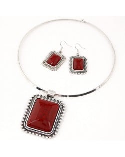 Vintage Beaded Rim Square Turquoise Pendant Necklace and Earrings Set - Red
