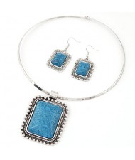 Vintage Beaded Rim Square Turquoise Pendant Necklace and Earrings Set - Blue