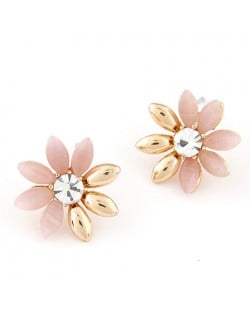 Korean Fashion Golden Leaves Sun Flower Ear Studs - Pink