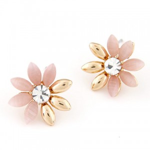Korean Fashion Golden Leaves Sun Flower Ear Studs - Pink