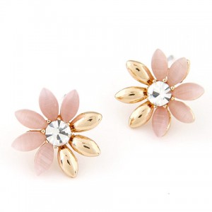 Korean Fashion Golden Leaves Sun Flower Ear Studs - Pink