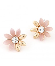 Korean Fashion Golden Leaves Sun Flower Ear Studs - Pink