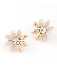 Korean Fashion Golden Leaves Sun Flower Ear Studs - Beige