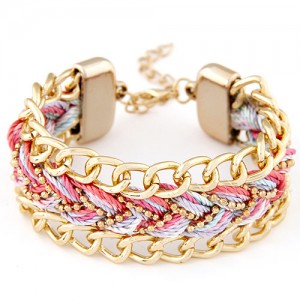 Threads Attached Golden Metallic Fashion Bracelet - Pink