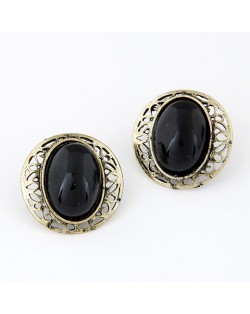 Hollow Rim Design Gem Inlaid Bold Ear Studs - Black